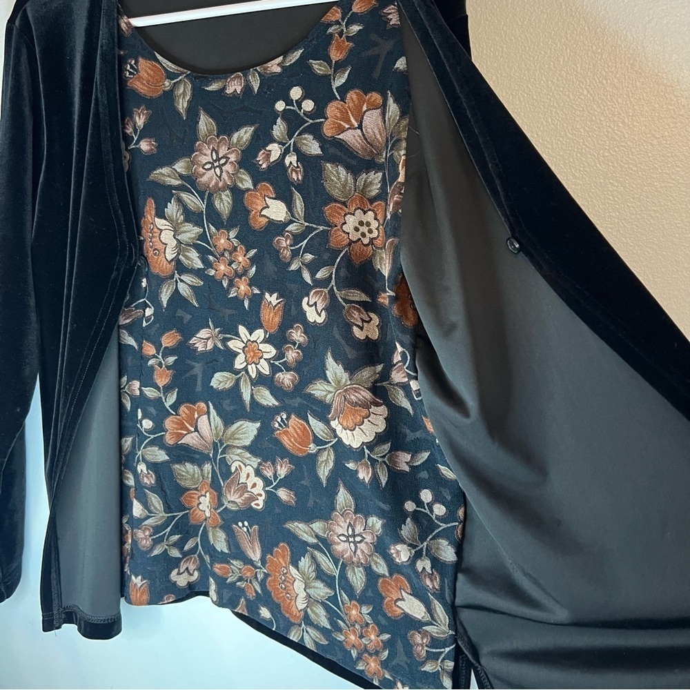 Vintage Black Velvet Floral Lined One Button Pullover Blouse Sz M Mature Flowy - Picture 6 of 9
